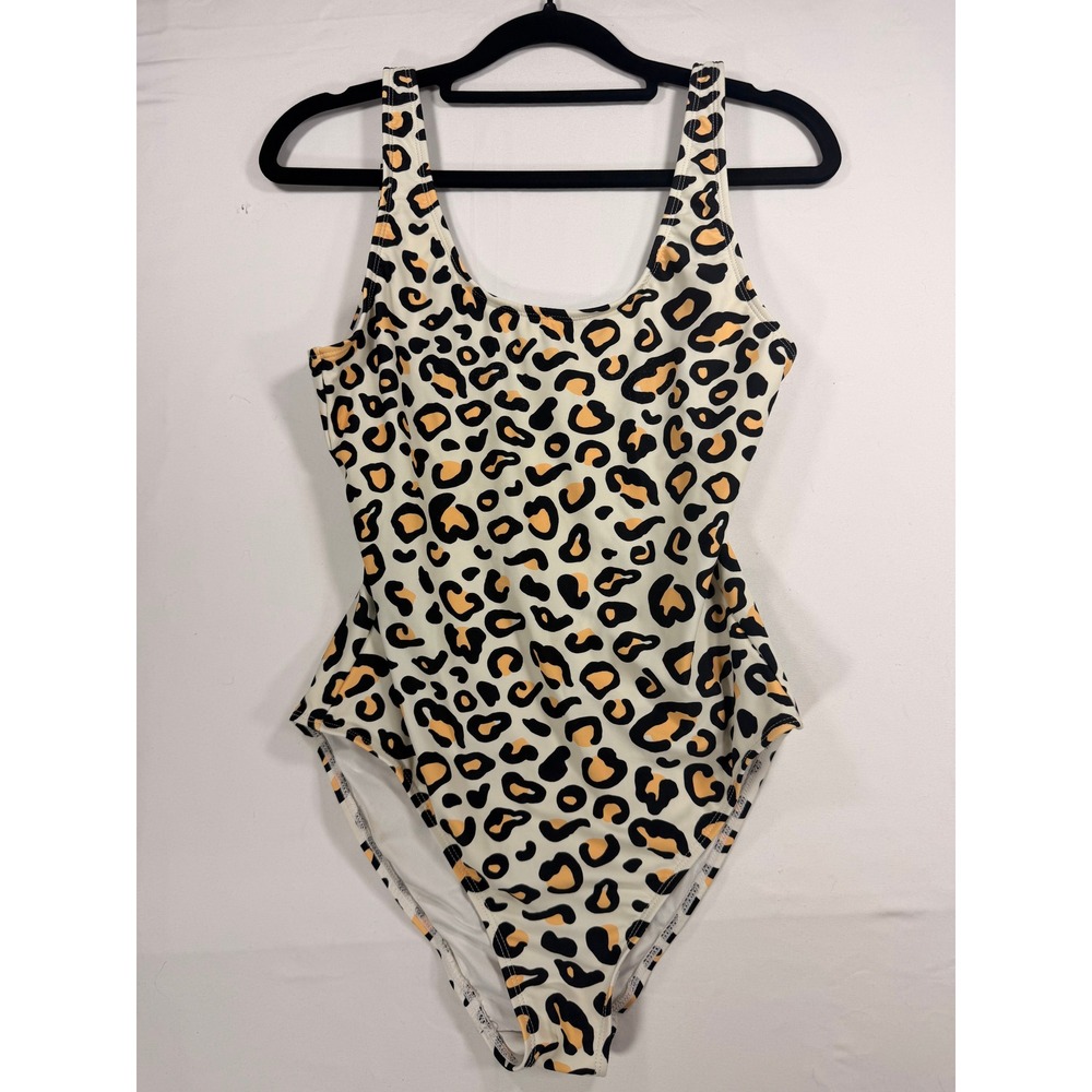 Infamous Swim One Piece Swimsuit Women Medium Tan Leopard Print Excellent Scoop